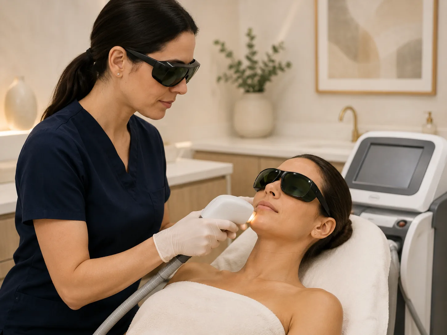 Medical laser treatment in a bright clinical room