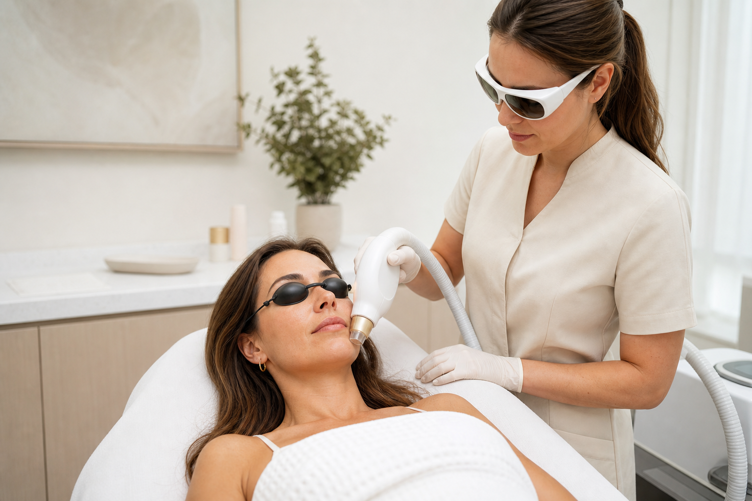 A laser facial treatment being performed in a bright clinical setting
